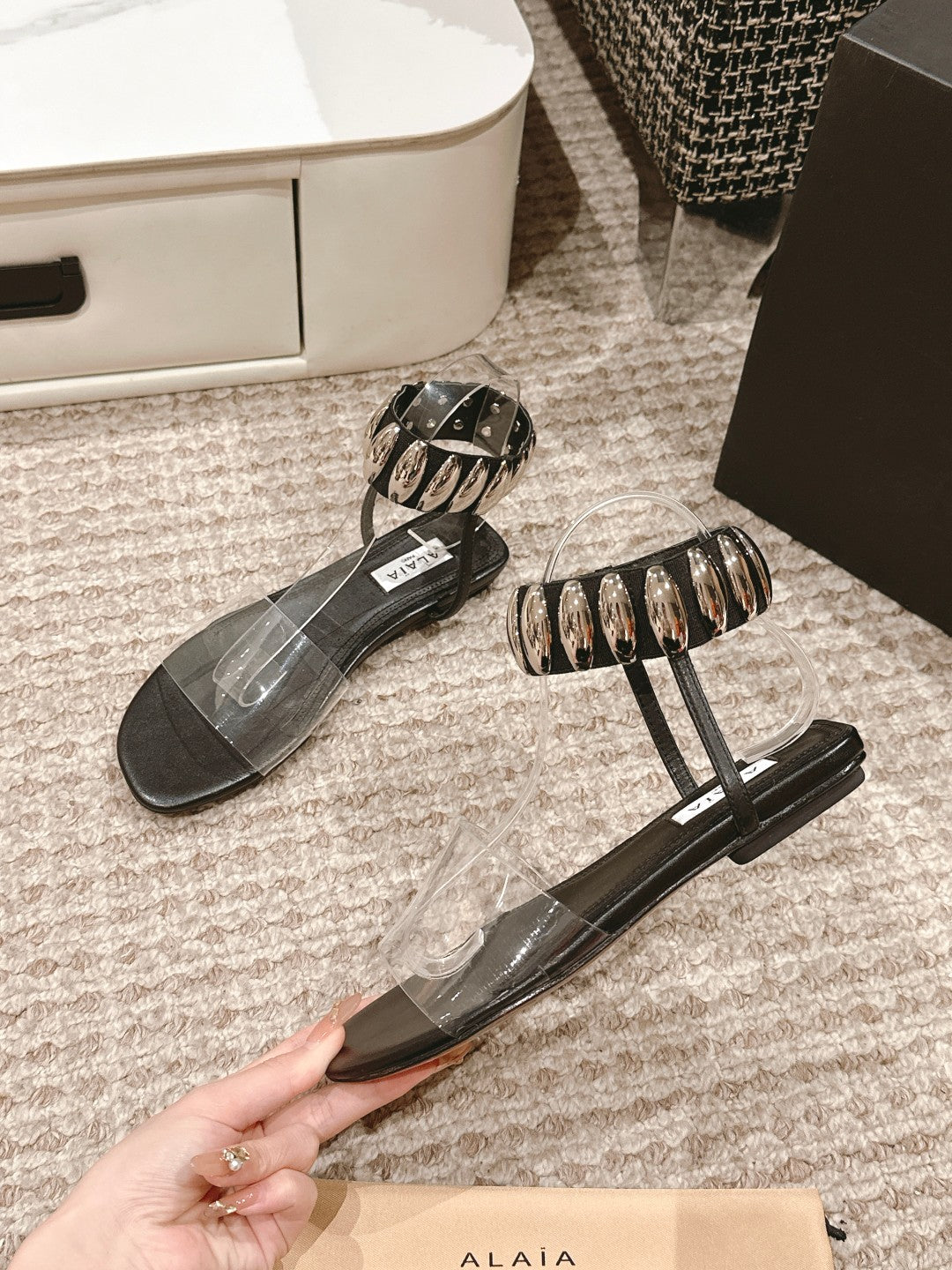 ALAIA SANDAL IN BLACK CALFSKN AND FILM WITH CRYSTAL - 35
