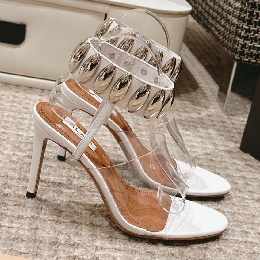 ALAIA HIGH SANDAL IN WHITE CALFSKN AND FILM WITH CRYSTAL - 35