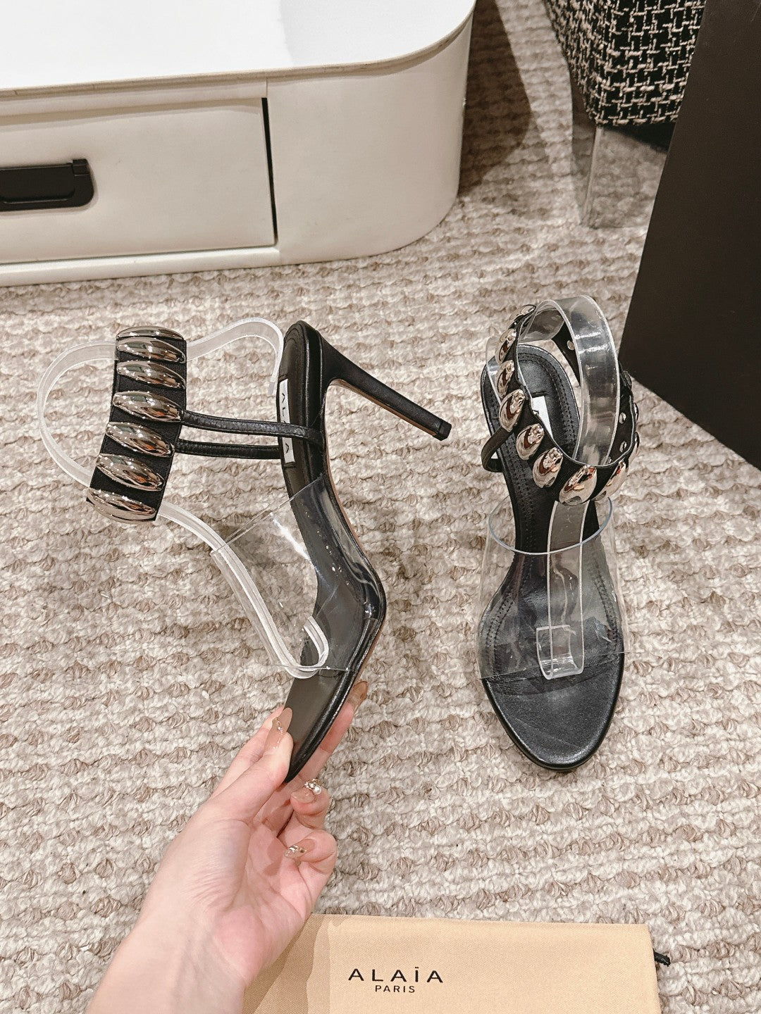 ALAIA HIGH SANDAL IN BLACK CALFSKN AND FILM WITH CRYSTAL - 35