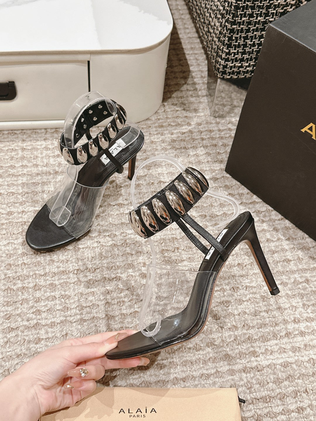 ALAIA HIGH SANDAL IN BLACK CALFSKN AND FILM WITH CRYSTAL - 35