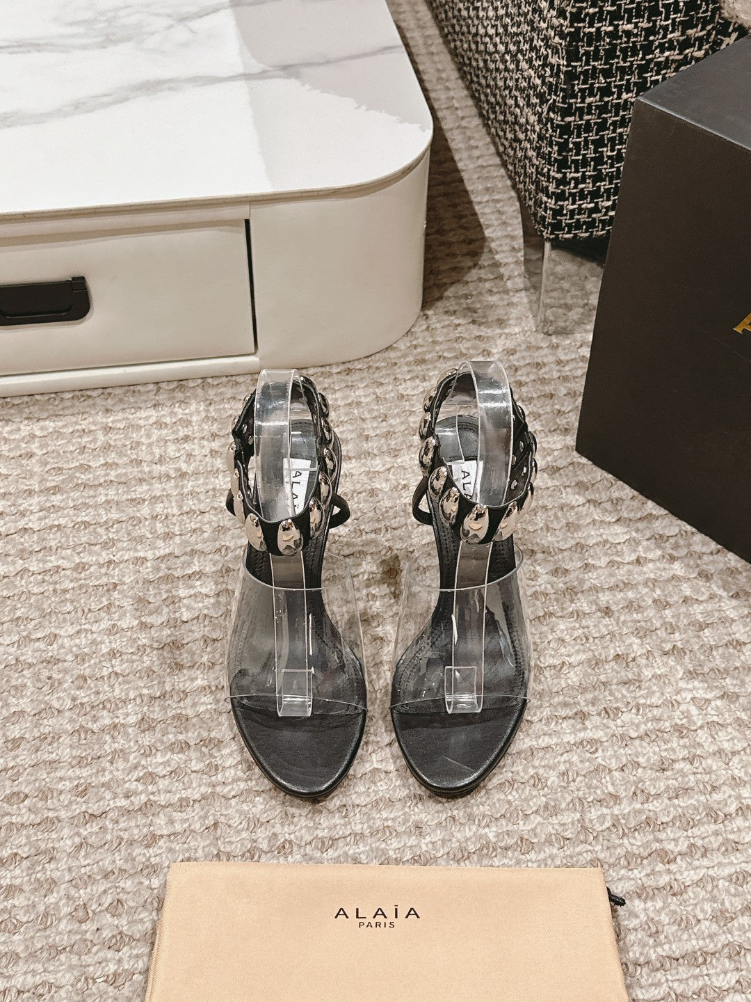 ALAIA HIGH SANDAL IN BLACK CALFSKN AND FILM WITH CRYSTAL - 35