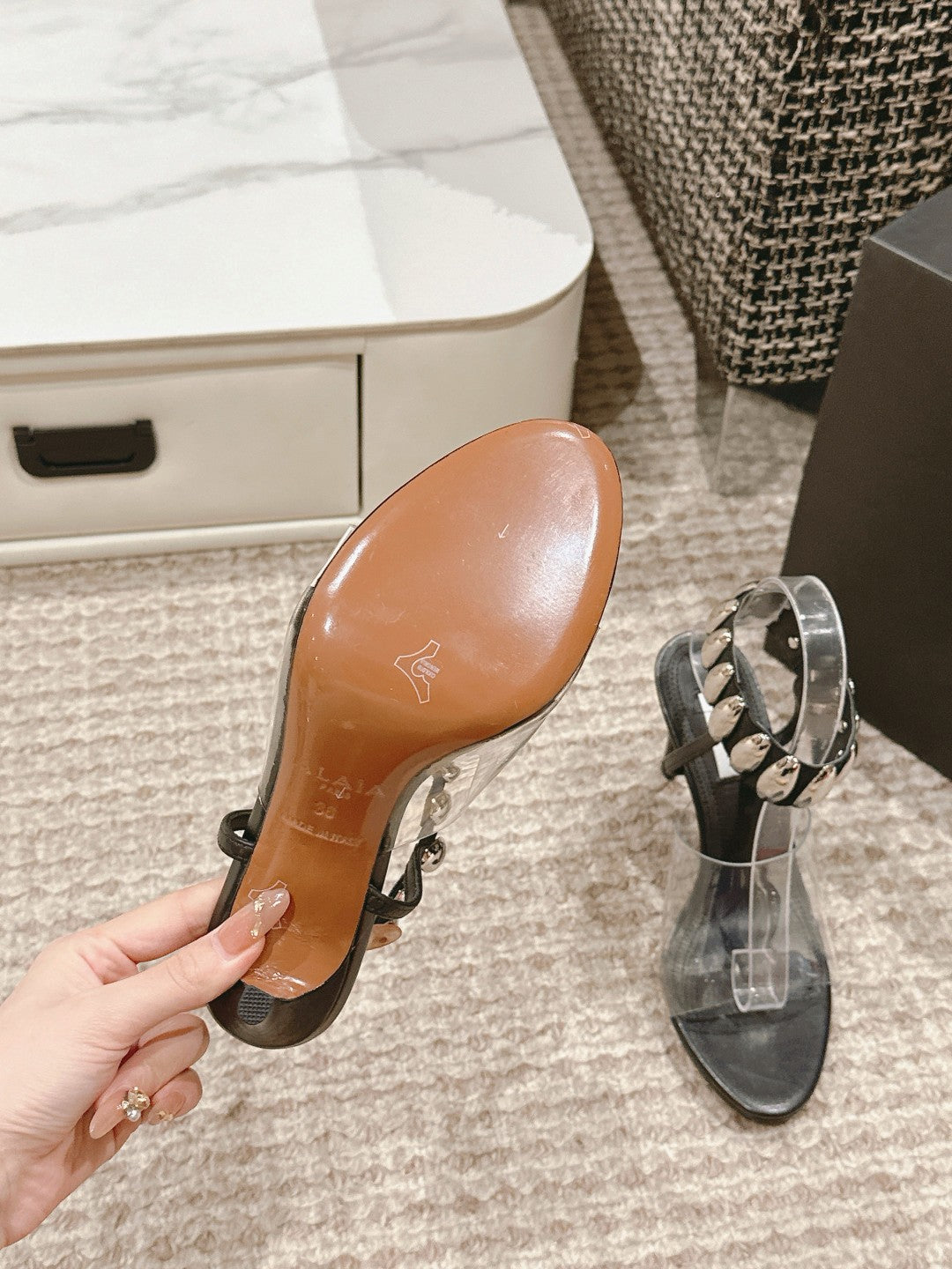 ALAIA HIGH SANDAL IN BLACK CALFSKN AND FILM WITH CRYSTAL - 35