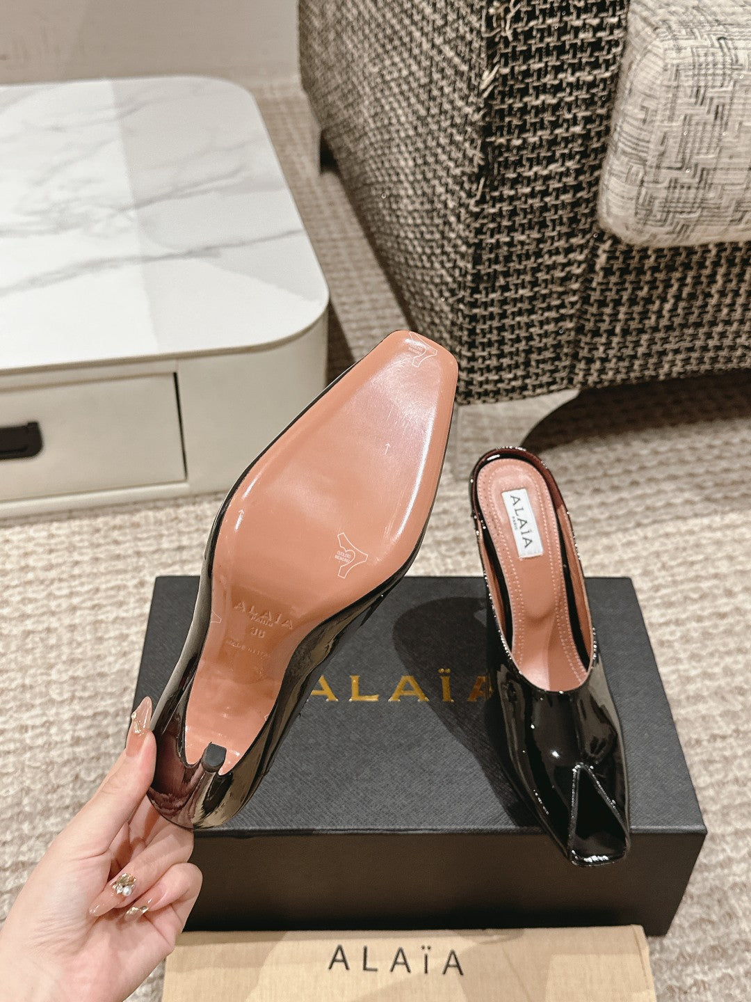 ALAIA SPIKE JEWEL MULES IN BLACK GLOSSY CALFSKIN - 35