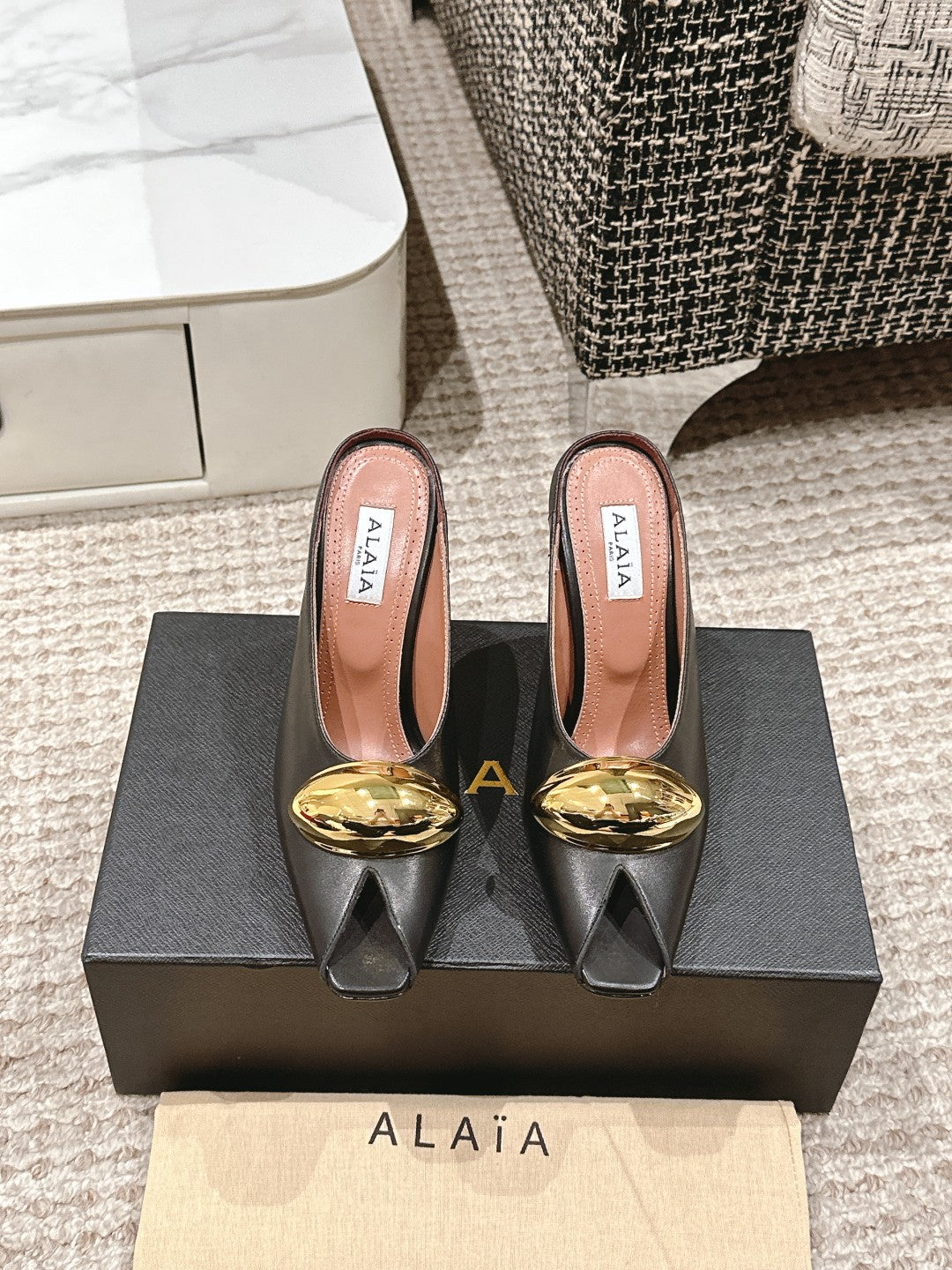 ALAIA SPIKE JEWEL MULES IN BLACK CALFSKIN WITH GOLD HARDWARE - 35