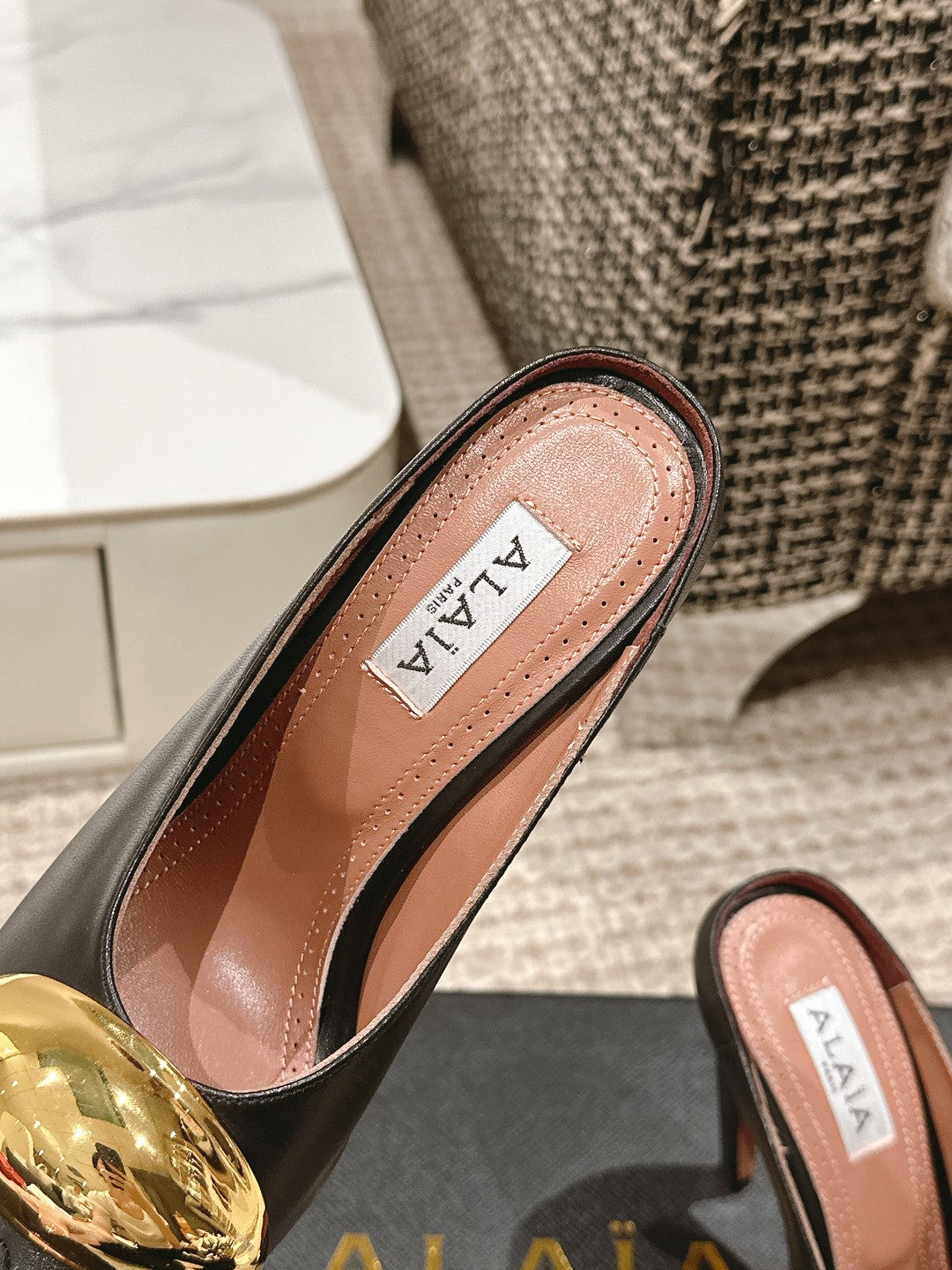 ALAIA SPIKE JEWEL MULES IN BLACK CALFSKIN WITH GOLD HARDWARE - 35
