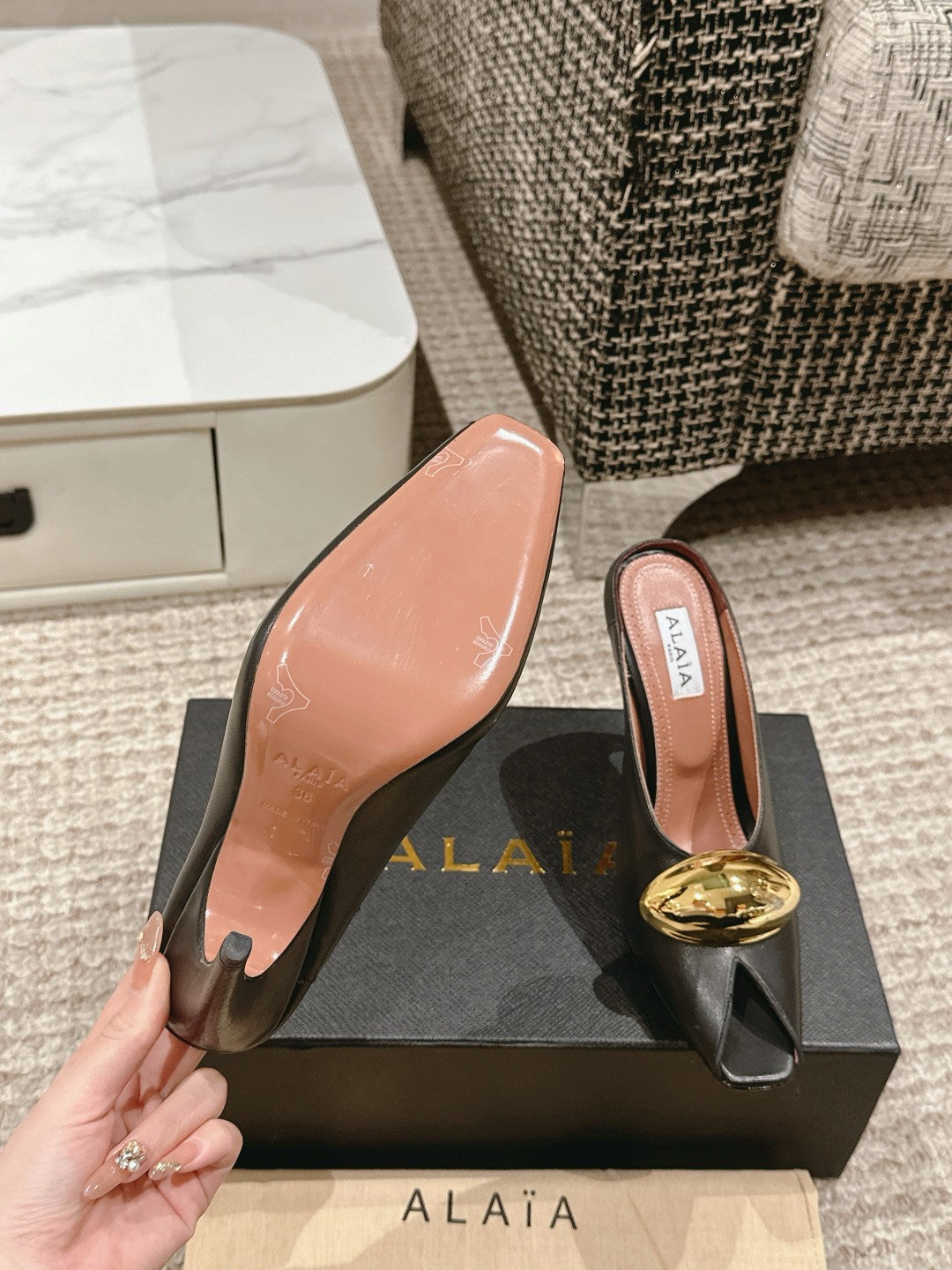 ALAIA SPIKE JEWEL MULES IN BLACK CALFSKIN WITH GOLD HARDWARE - 35