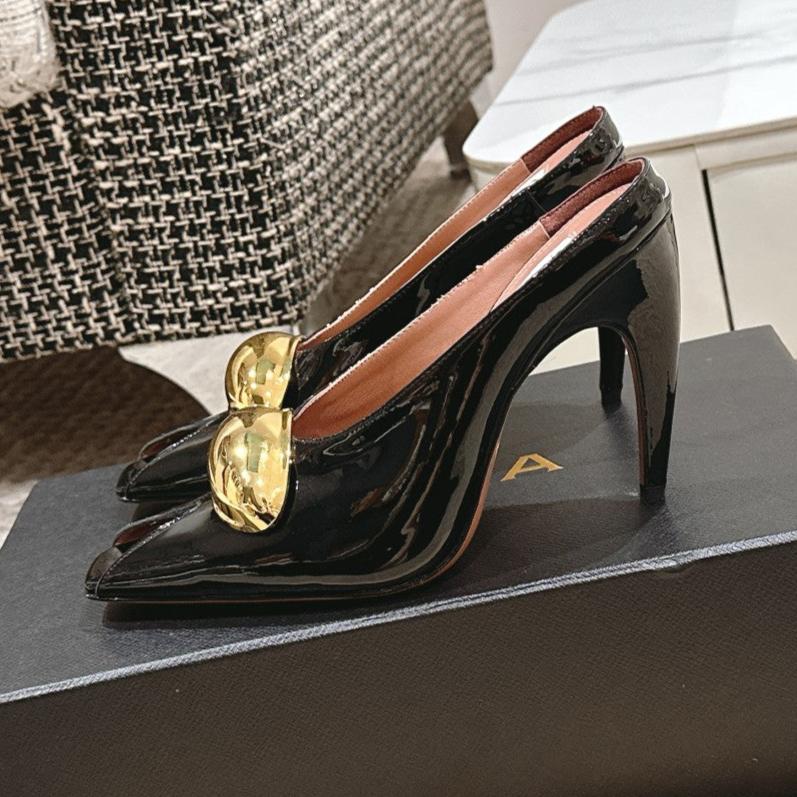 ALAIA SPIKE JEWEL MULES IN BLACK GLOSSY CALFSKIN WITH GOLD HARDWARE - 35