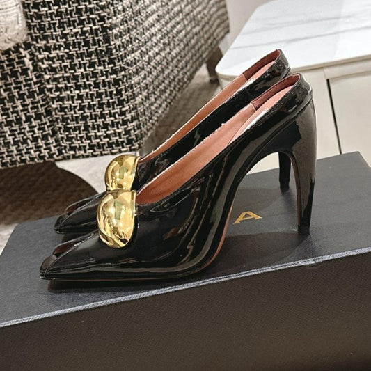 ALAIA SPIKE JEWEL MULES IN BLACK GLOSSY CALFSKIN WITH GOLD HARDWARE - 35