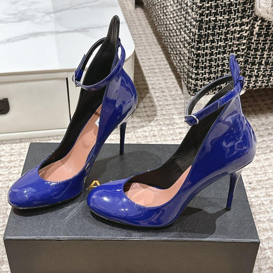 ALAIA ROUND-TOE HIGH HEELS 10 CM IN NAVY BLUE CALFSKIN - 35