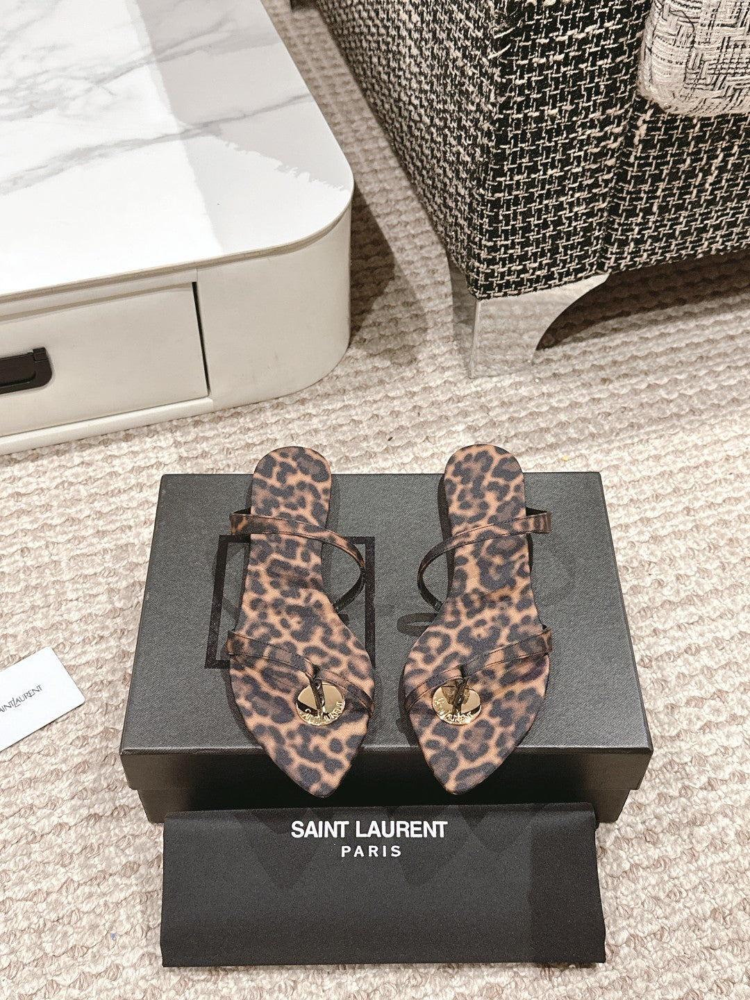 SL TANGER SLIDES LEOPARD SATIN - 35