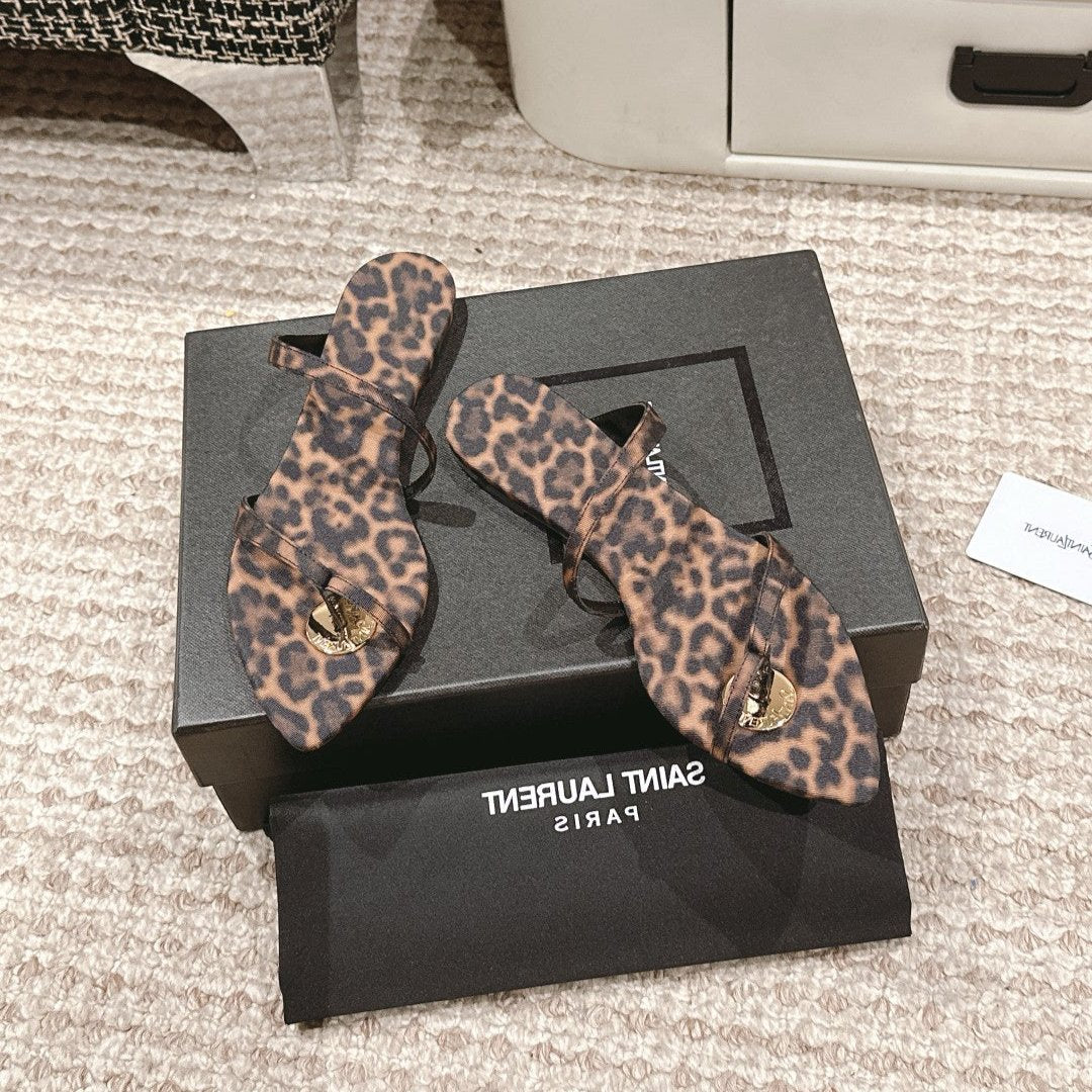 SL TANGER SLIDES LEOPARD SATIN - 35