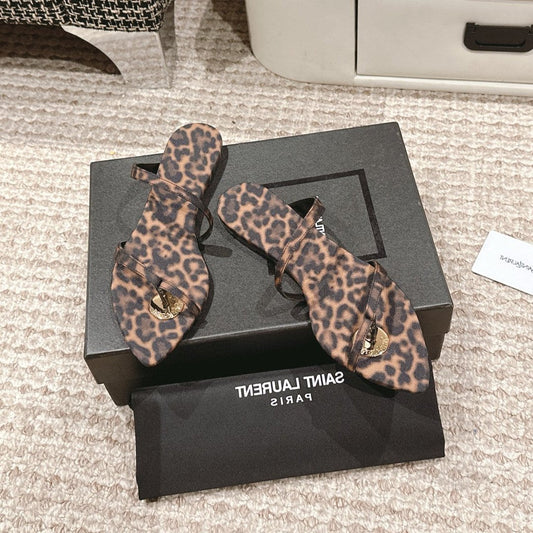 SL TANGER SLIDES LEOPARD SATIN - 35