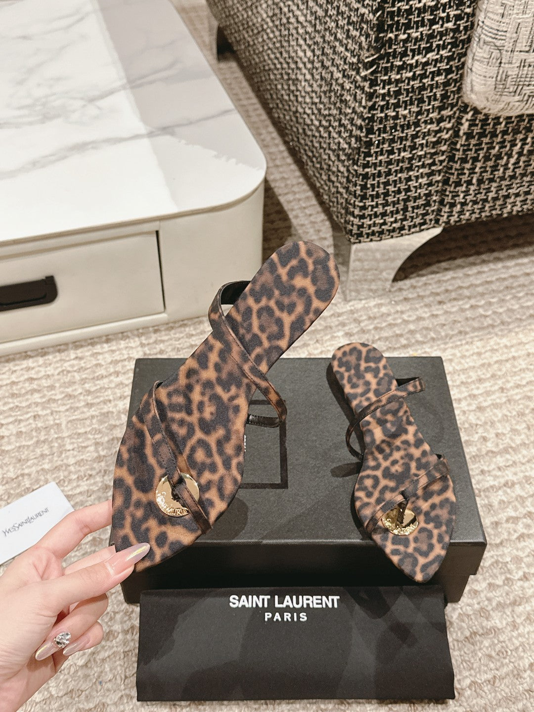 SL TANGER SLIDES LEOPARD SATIN - 35