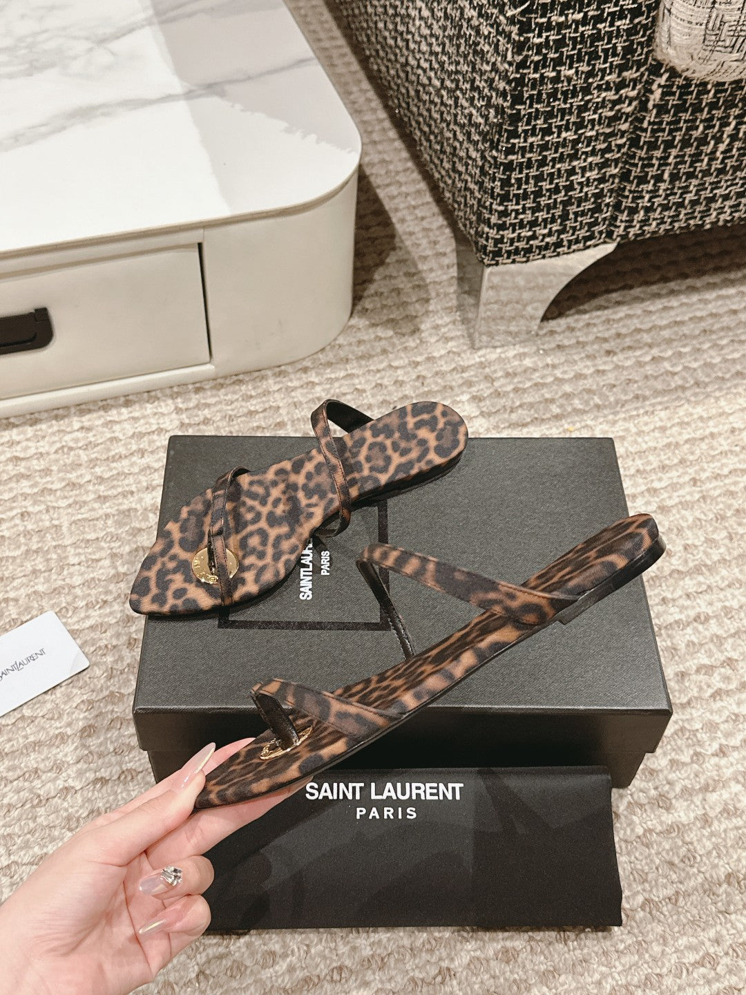 SL TANGER SLIDES LEOPARD SATIN - 35