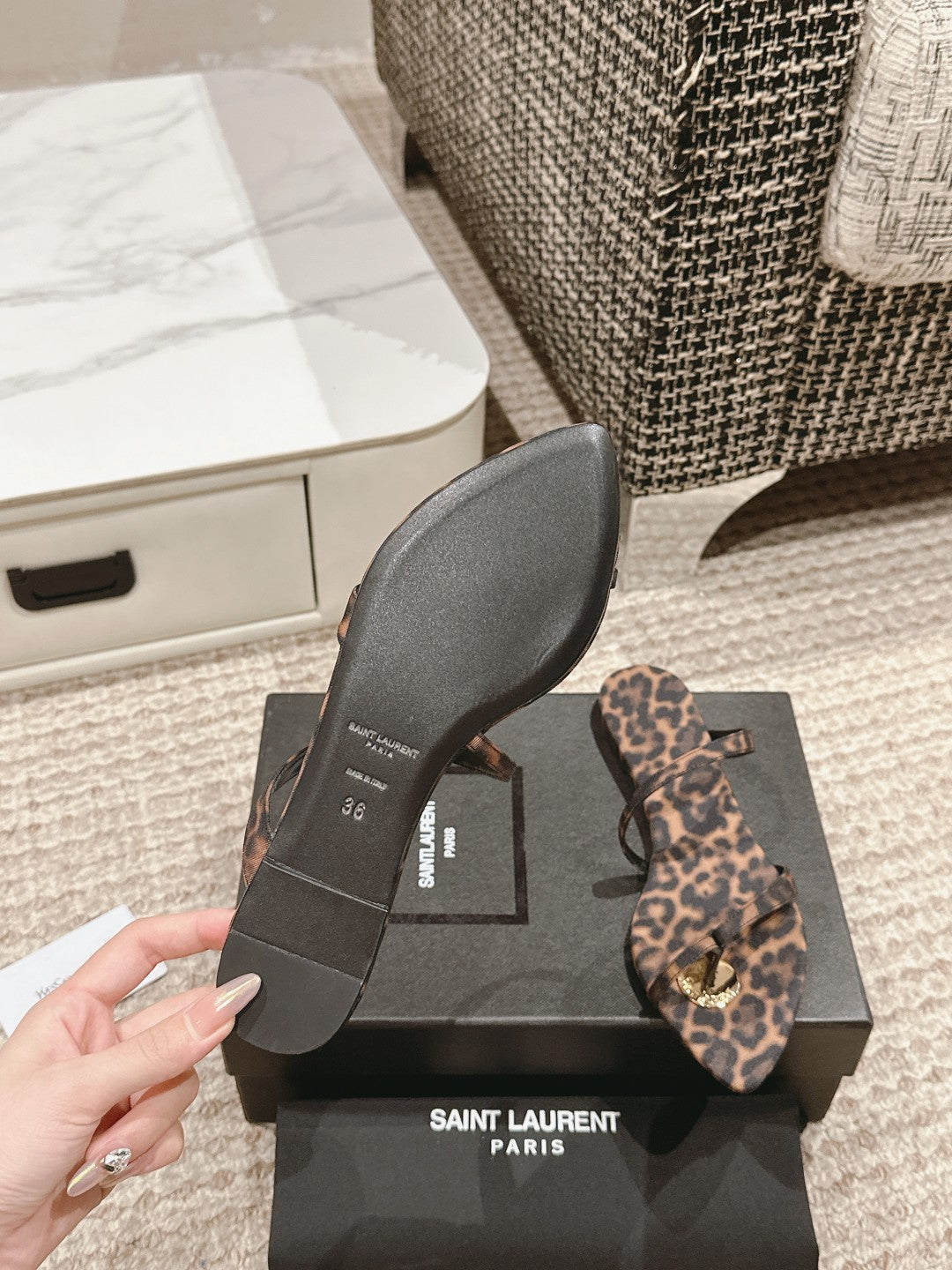 SL TANGER SLIDES LEOPARD SATIN - 35
