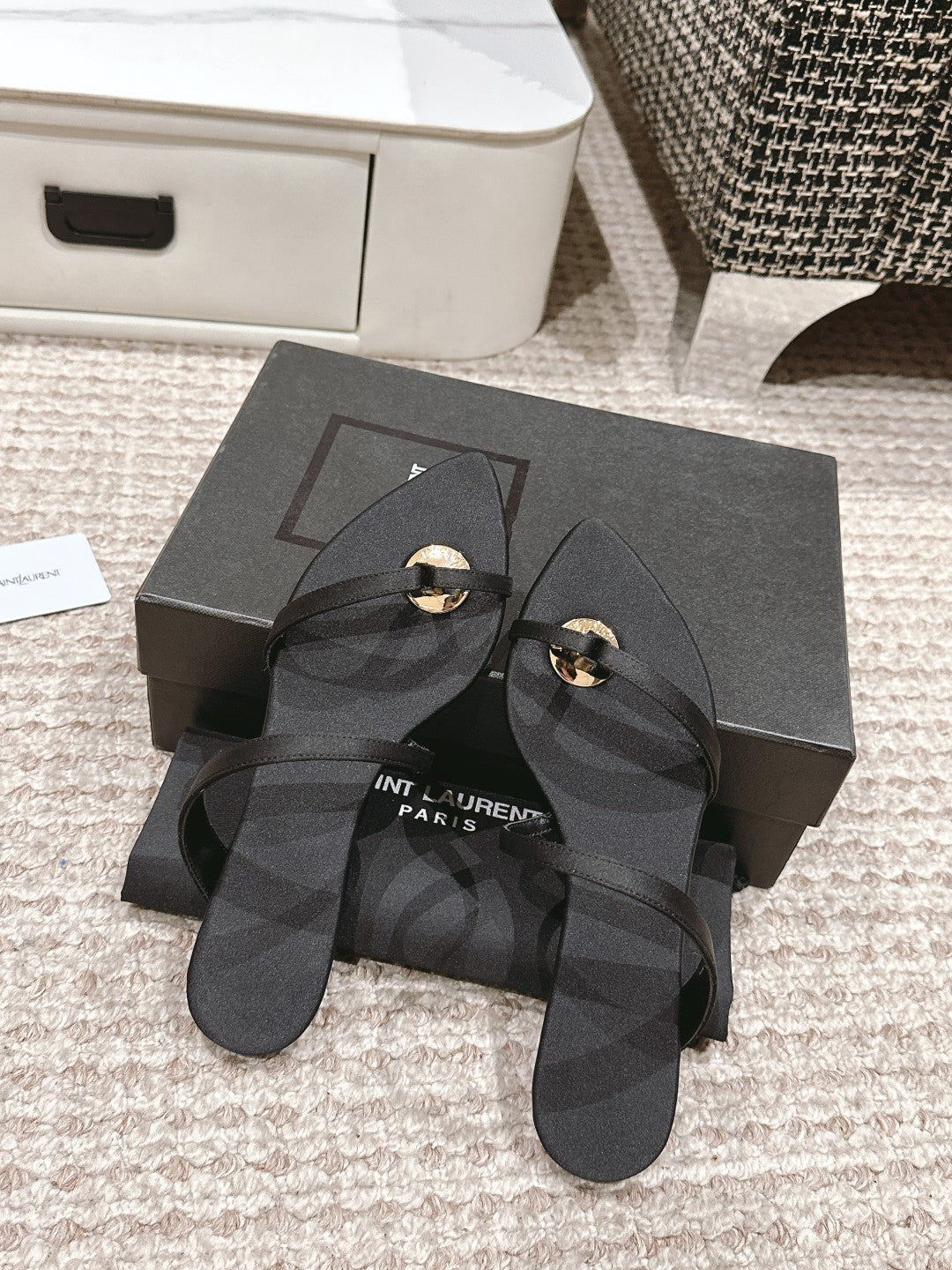 SL TANGER SLIDES BLACK SATIN - 35