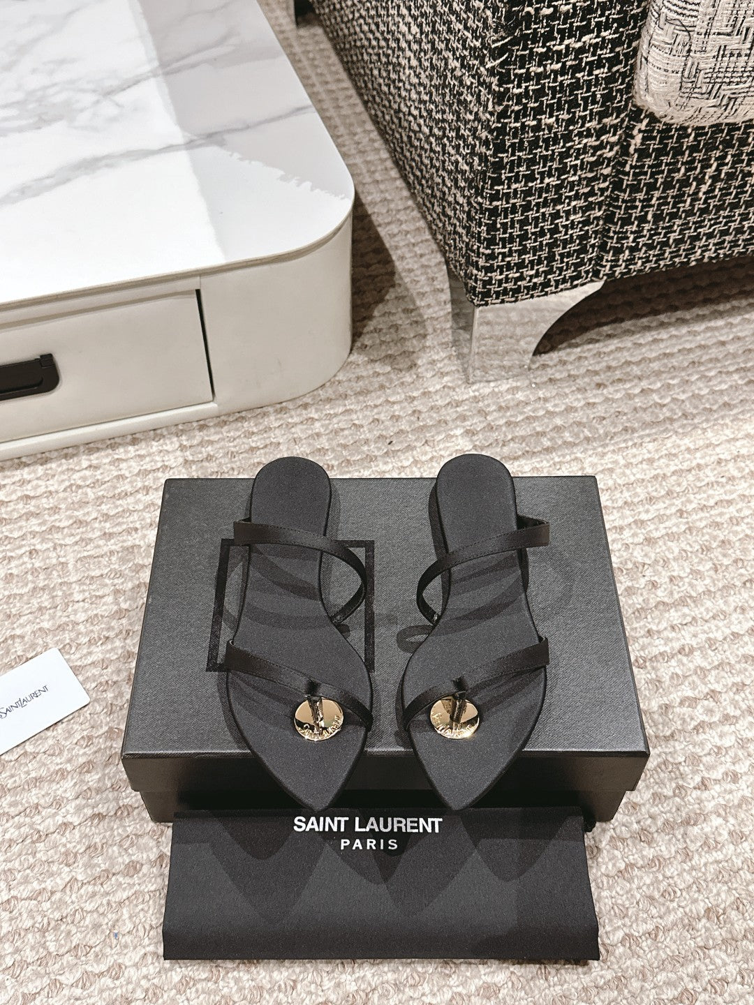 SL TANGER SLIDES BLACK SATIN - 35