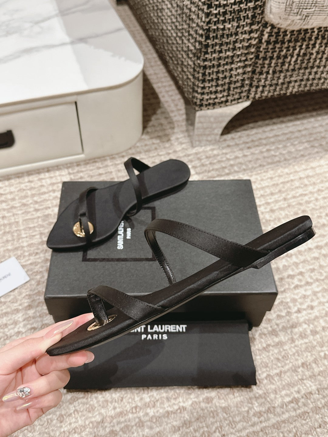 SL TANGER SLIDES BLACK SATIN - 35