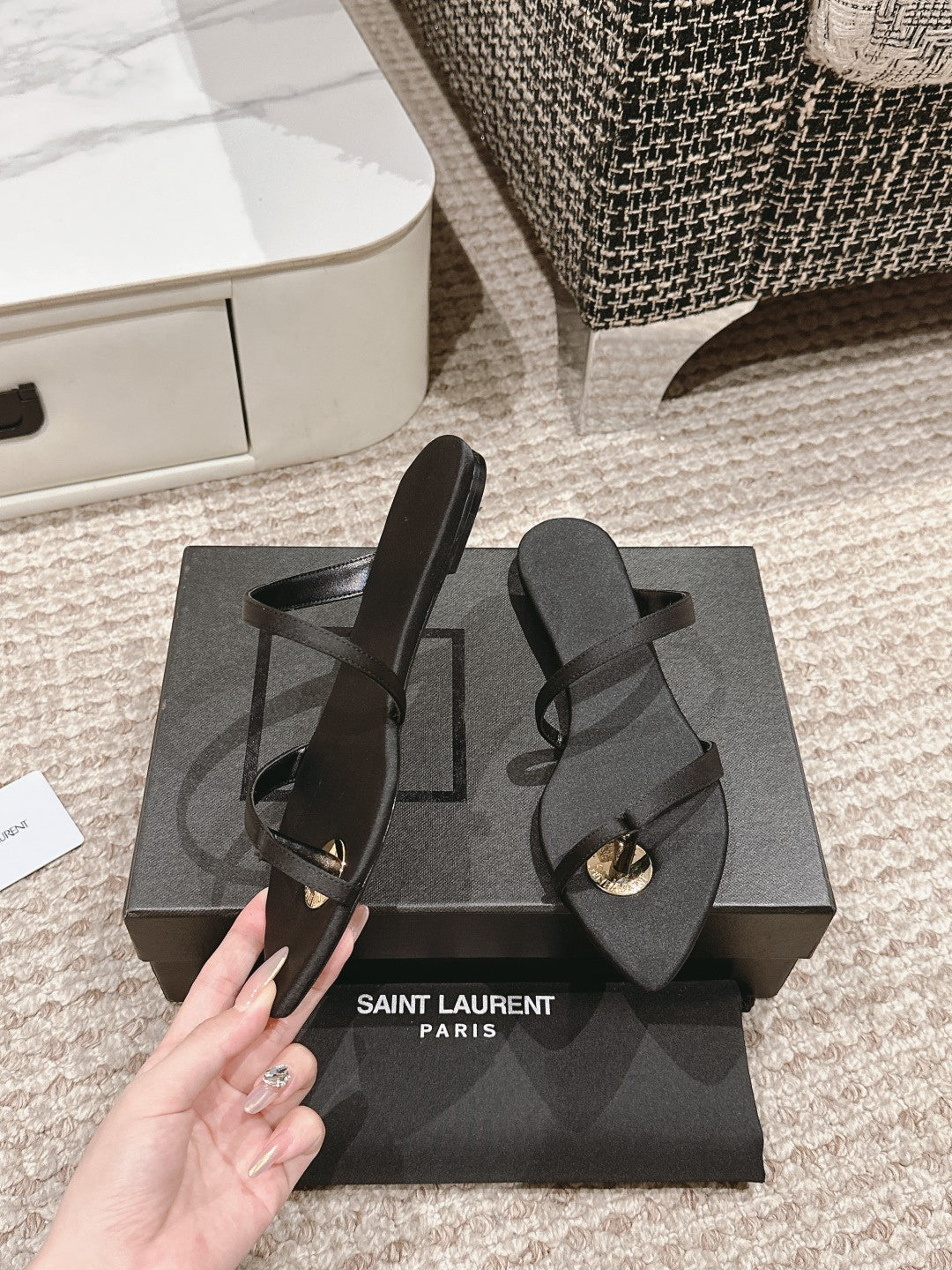 SL TANGER SLIDES BLACK SATIN - 35