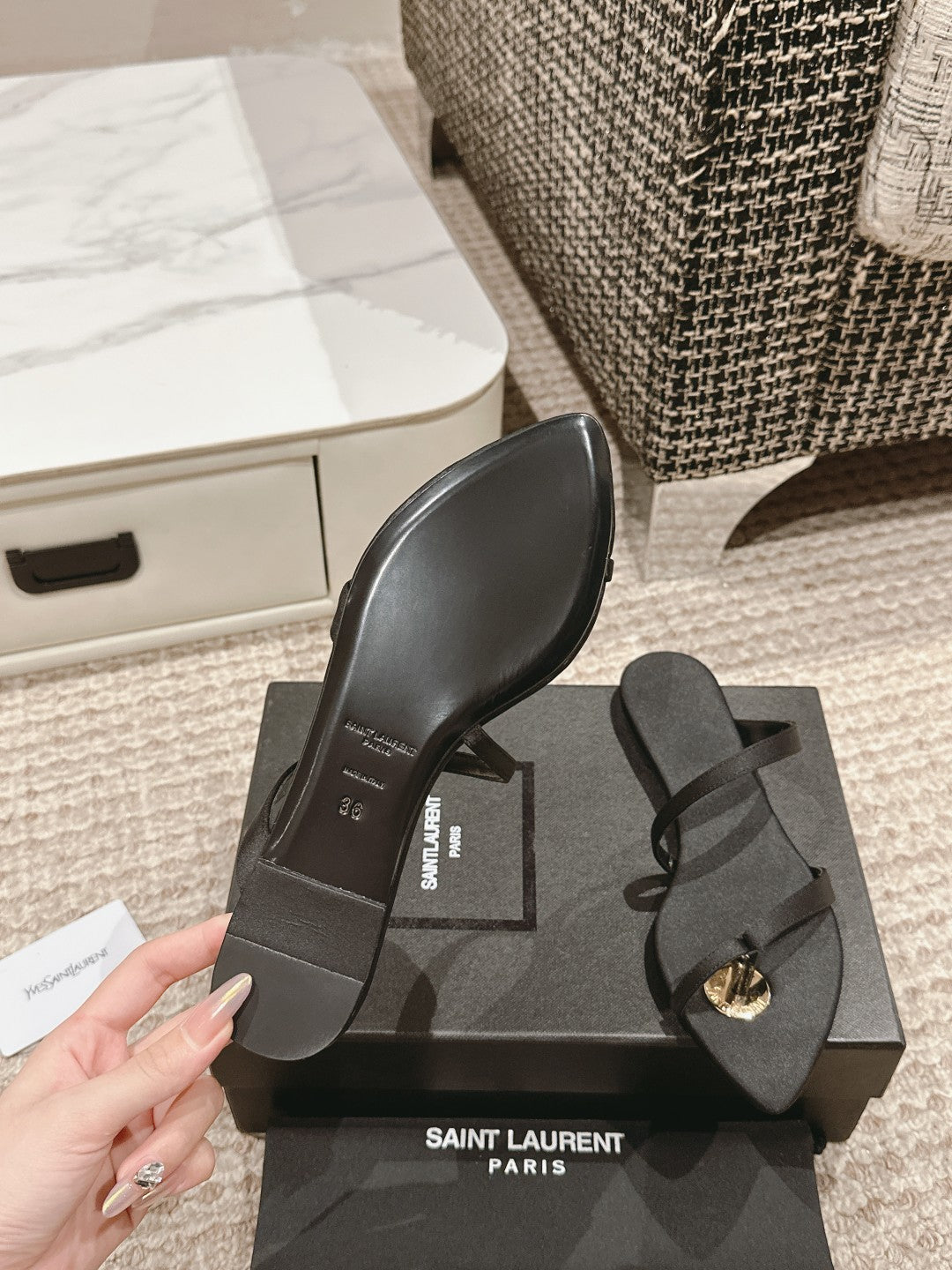 SL TANGER SLIDES BLACK SATIN - 35