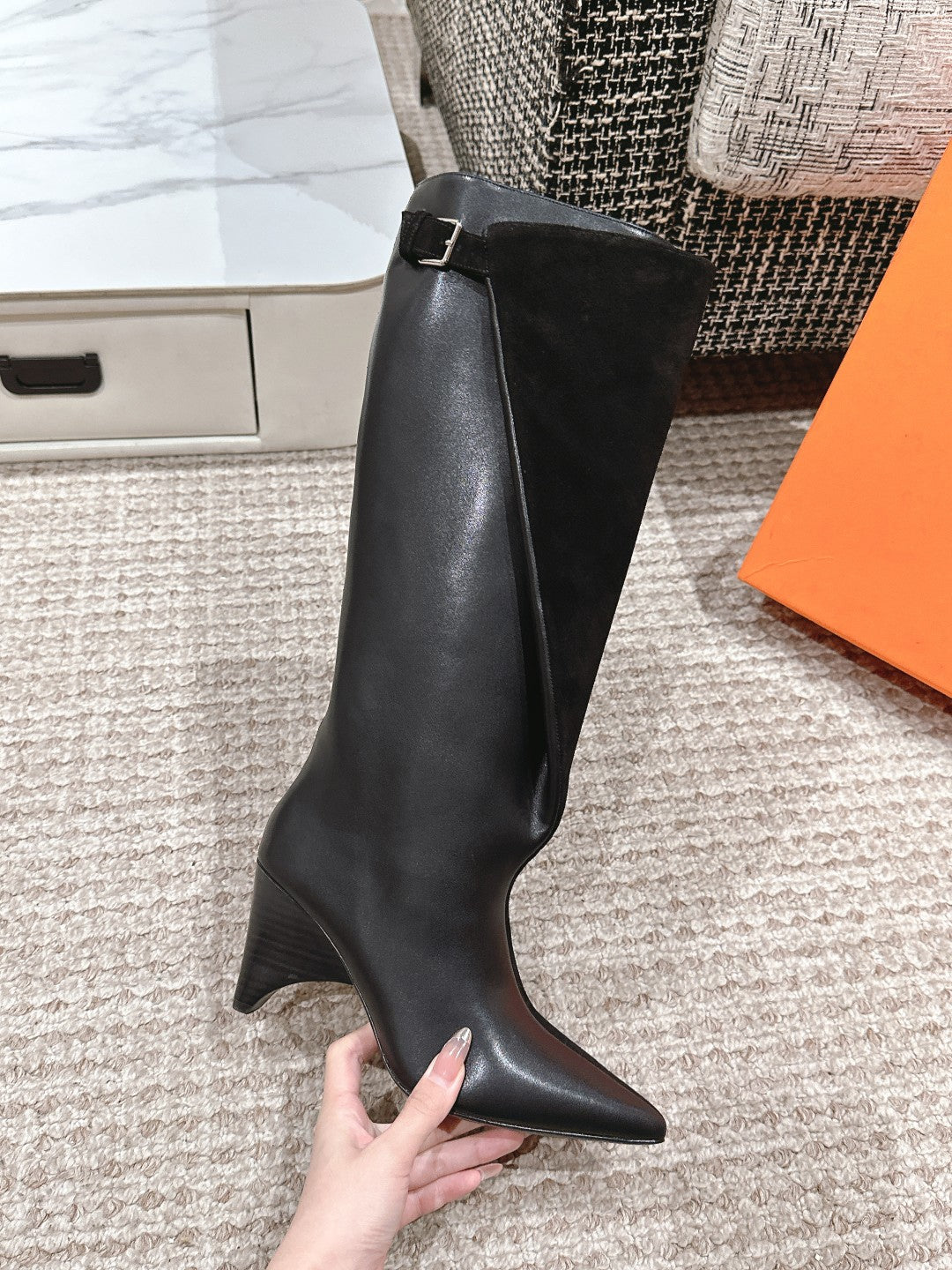 HILONA 6 CM BOOTS IN BLACK CALFSKIN AND SUEDE - 39
