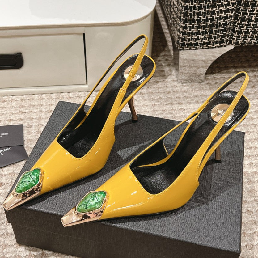 DUNE HIGH 10 CM SLINGBACK PUMPS IN CLASSIC YELLOW PATENT LEATHER WITH CRYSTAL - 35