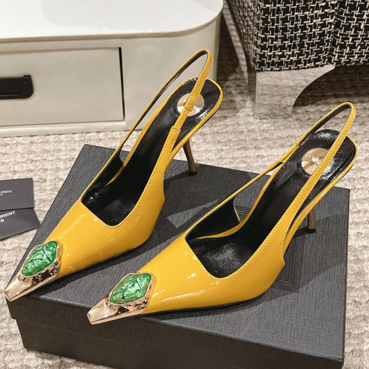 DUNE HIGH 10 CM SLINGBACK PUMPS IN CLASSIC YELLOW PATENT LEATHER WITH CRYSTAL - 35