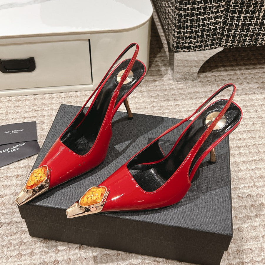 DUNE HIGH 10 CM SLINGBACK PUMPS IN RUBY RED PATENT LEATHER WITH CRYSTAL - 35