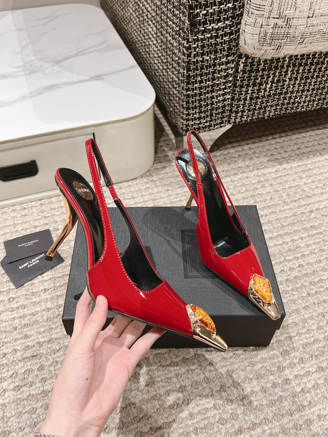 DUNE HIGH 10 CM SLINGBACK PUMPS IN RUBY RED PATENT LEATHER WITH CRYSTAL - 35