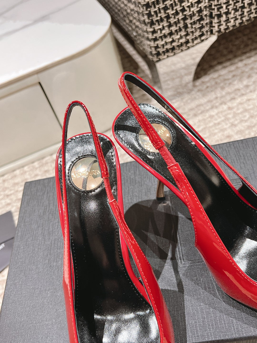 DUNE HIGH 10 CM SLINGBACK PUMPS IN RUBY RED PATENT LEATHER WITH CRYSTAL - 35