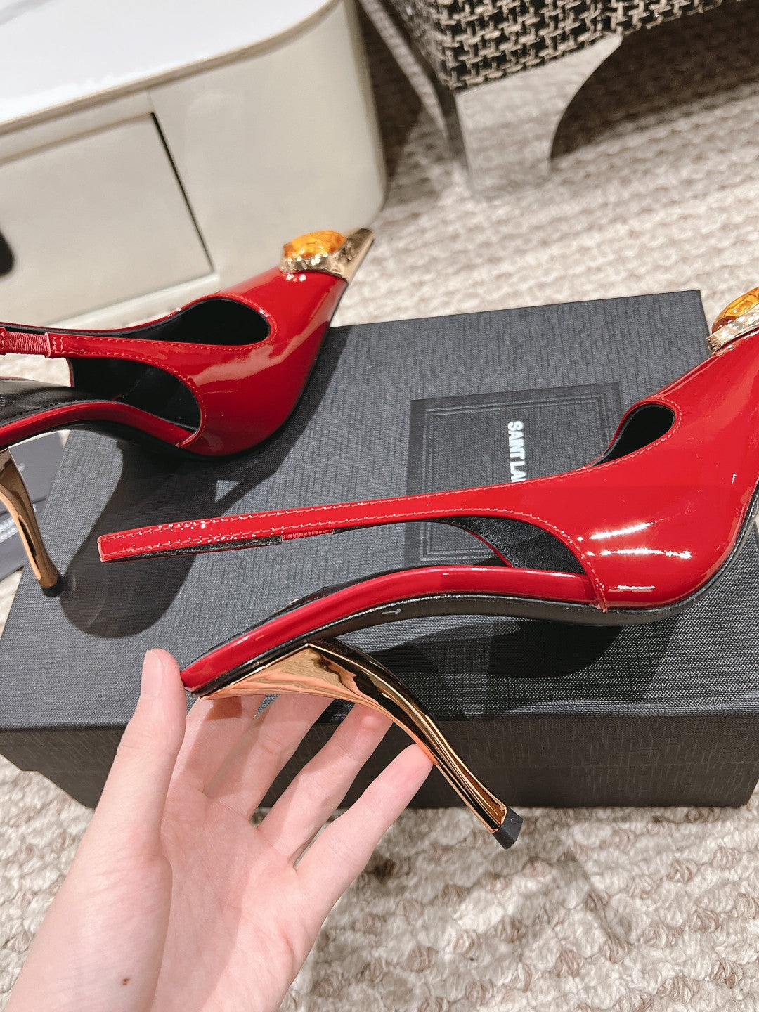DUNE HIGH 10 CM SLINGBACK PUMPS IN RUBY RED PATENT LEATHER WITH CRYSTAL - 35