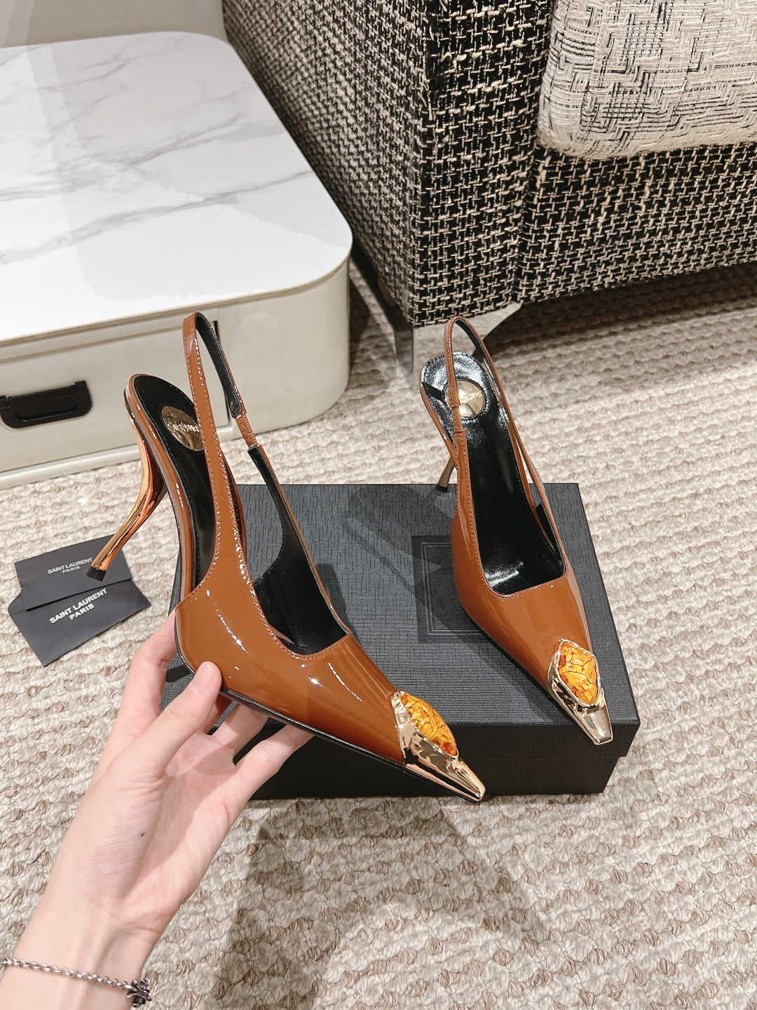 DUNE HIGH 10 CM SLINGBACK PUMPS IN BRONZE BROWN PATENT LEATHER WITH CRYSTAL - 35