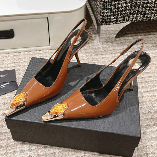 DUNE HIGH 10 CM SLINGBACK PUMPS IN BRONZE BROWN PATENT LEATHER WITH CRYSTAL - 35