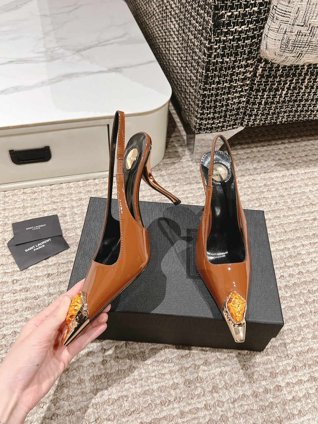 DUNE HIGH 10 CM SLINGBACK PUMPS IN BRONZE BROWN PATENT LEATHER WITH CRYSTAL - 35