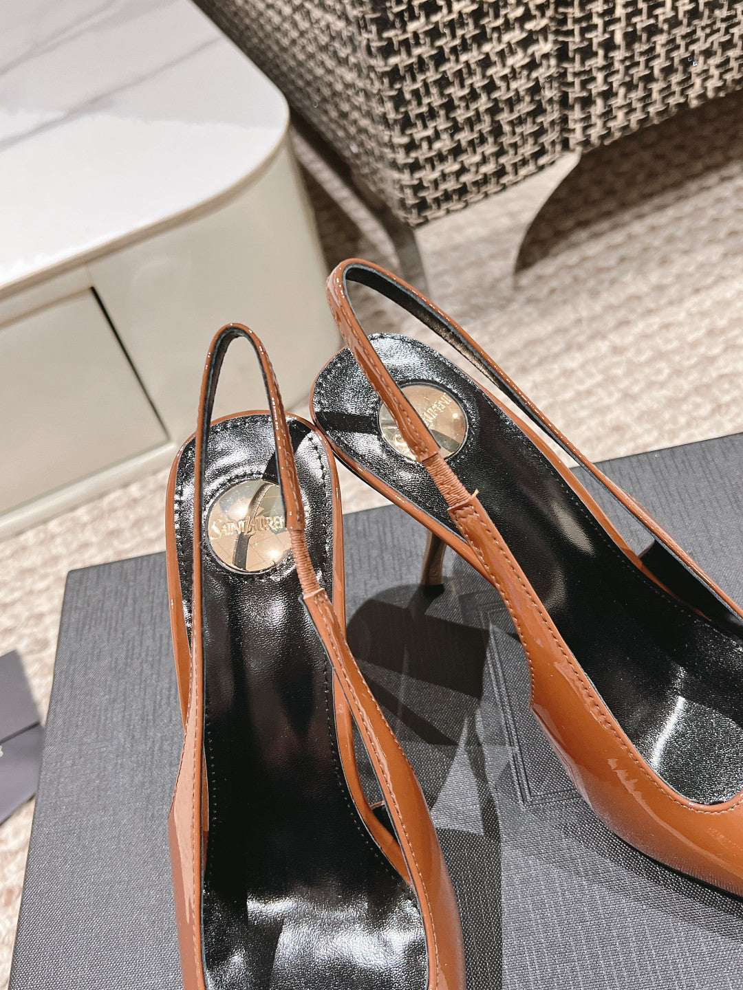 DUNE HIGH 10 CM SLINGBACK PUMPS IN BRONZE BROWN PATENT LEATHER WITH CRYSTAL - 35