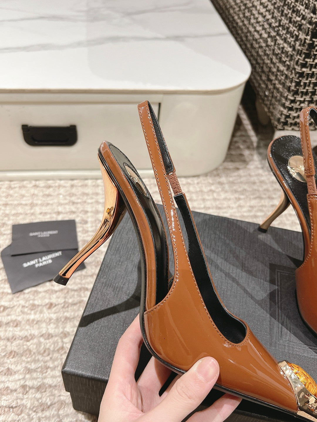DUNE HIGH 10 CM SLINGBACK PUMPS IN BRONZE BROWN PATENT LEATHER WITH CRYSTAL - 35