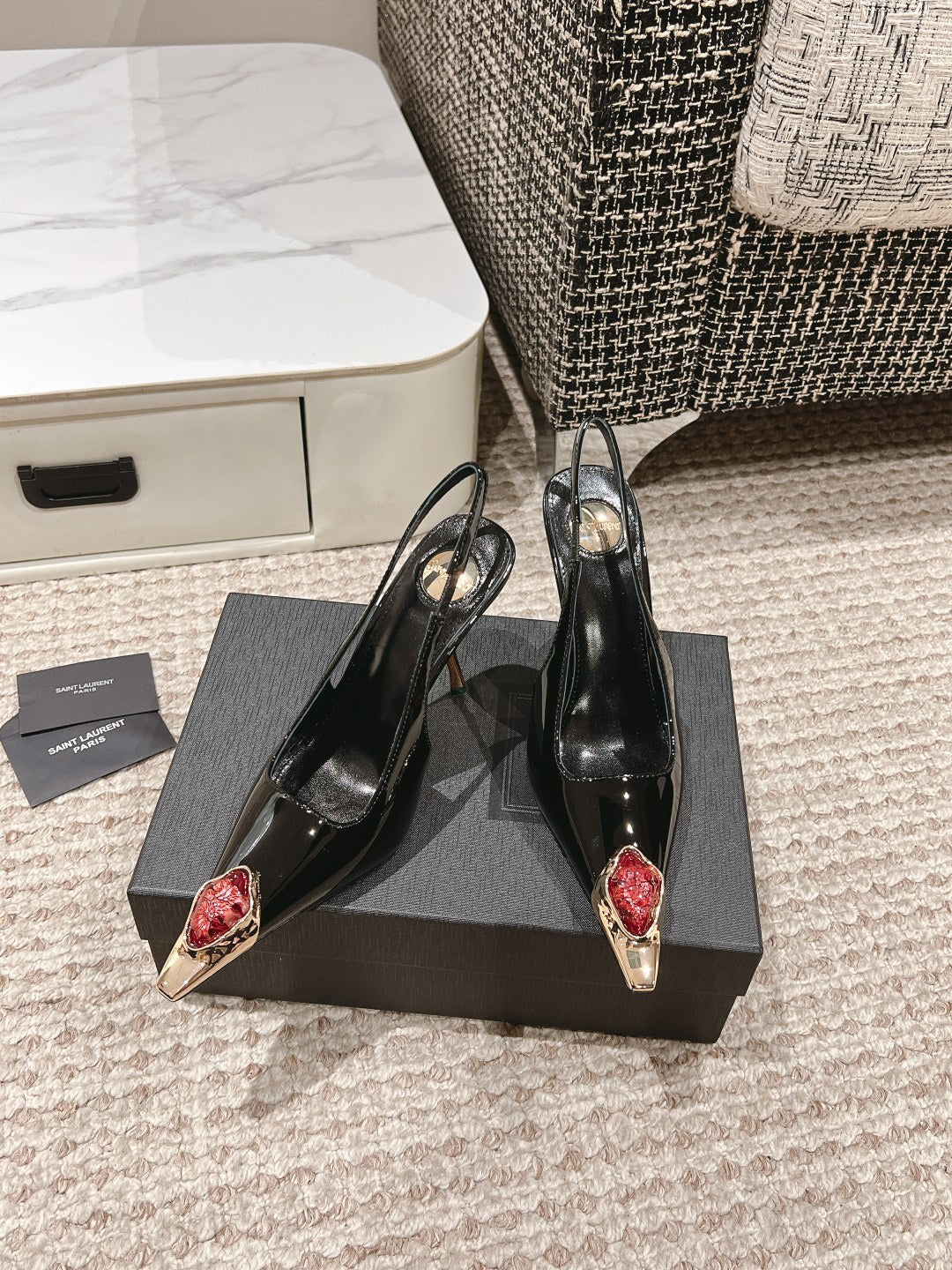 DUNE HIGH 10 CM SLINGBACK PUMPS IN BLACK PATENT LEATHER WITH CRYSTAL - 35