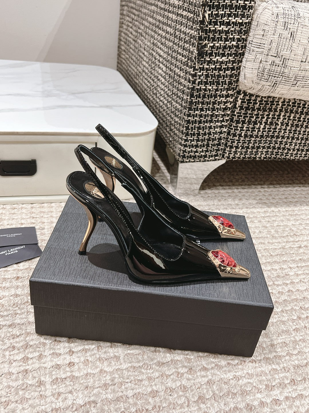 DUNE HIGH 10 CM SLINGBACK PUMPS IN BLACK PATENT LEATHER WITH CRYSTAL - 35
