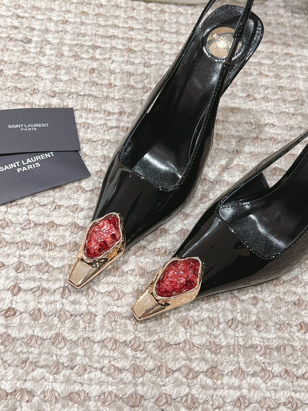 DUNE HIGH 10 CM SLINGBACK PUMPS IN BLACK PATENT LEATHER WITH CRYSTAL - 35