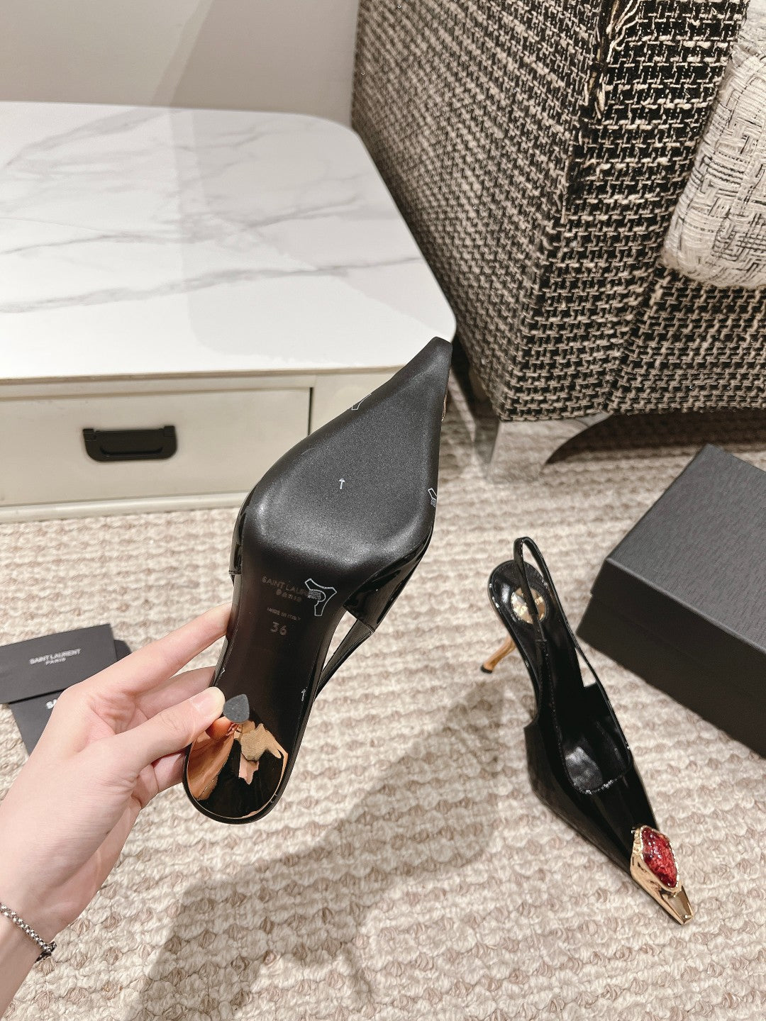DUNE HIGH 10 CM SLINGBACK PUMPS IN BLACK PATENT LEATHER WITH CRYSTAL - 35