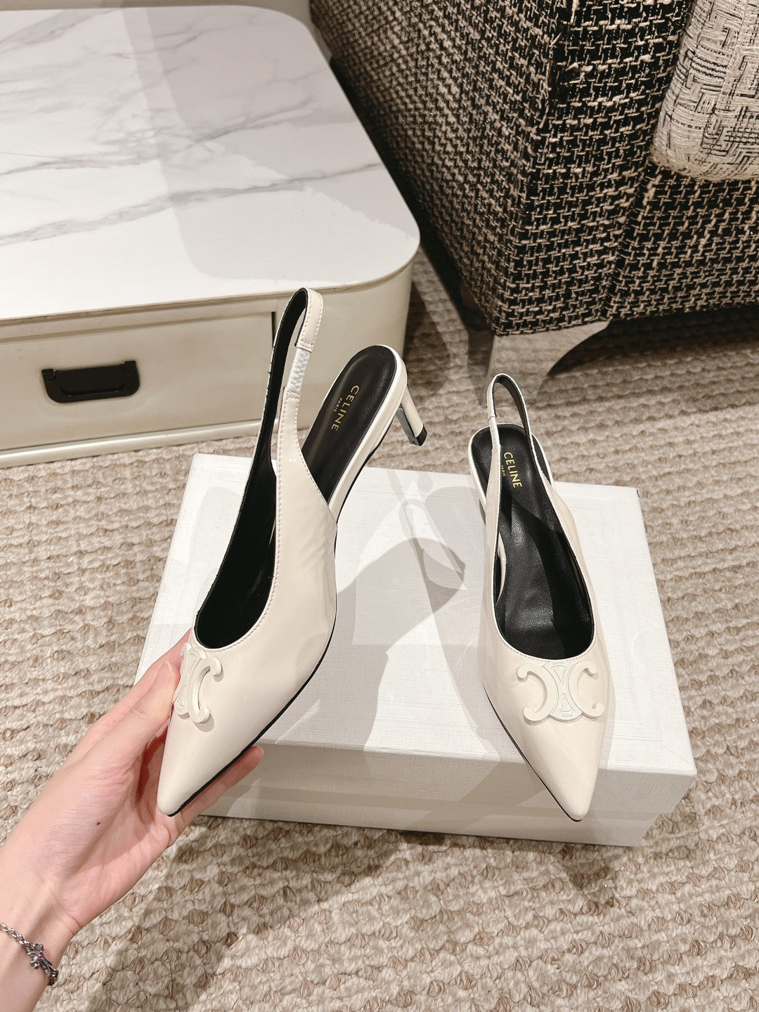 HIGH SLINGBACKS 5 CM IN WHITE PATENT CALFSKIN - 35