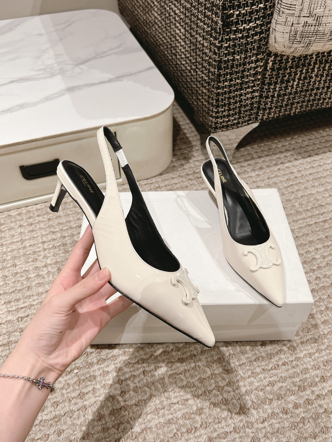 HIGH SLINGBACKS 5 CM IN WHITE PATENT CALFSKIN - 35
