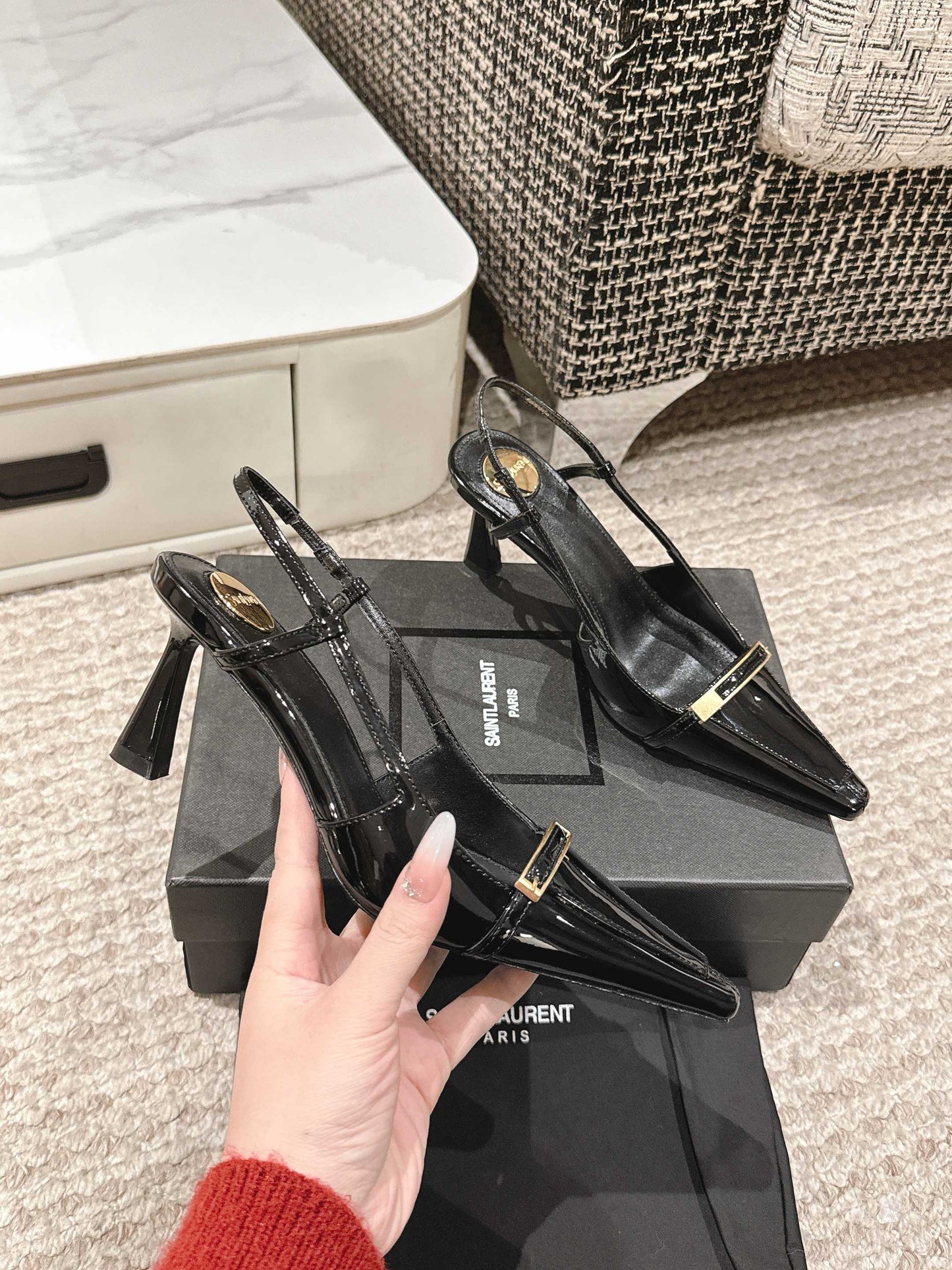 HIGH HEEL 7 CM SLINGBACK IN BLACK PATENT CALFSKIN - 35
