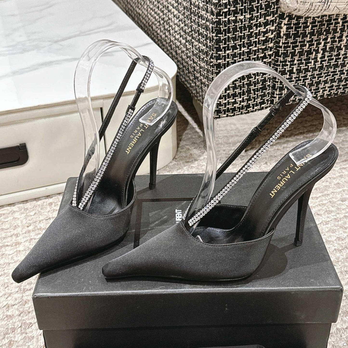 BARBARA 90 EMBELLISHED  BLACK SATIN MULES WITH RHINSTONES - 35