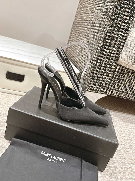 BARBARA 90 EMBELLISHED  BLACK SATIN MULES WITH RHINSTONES - 35