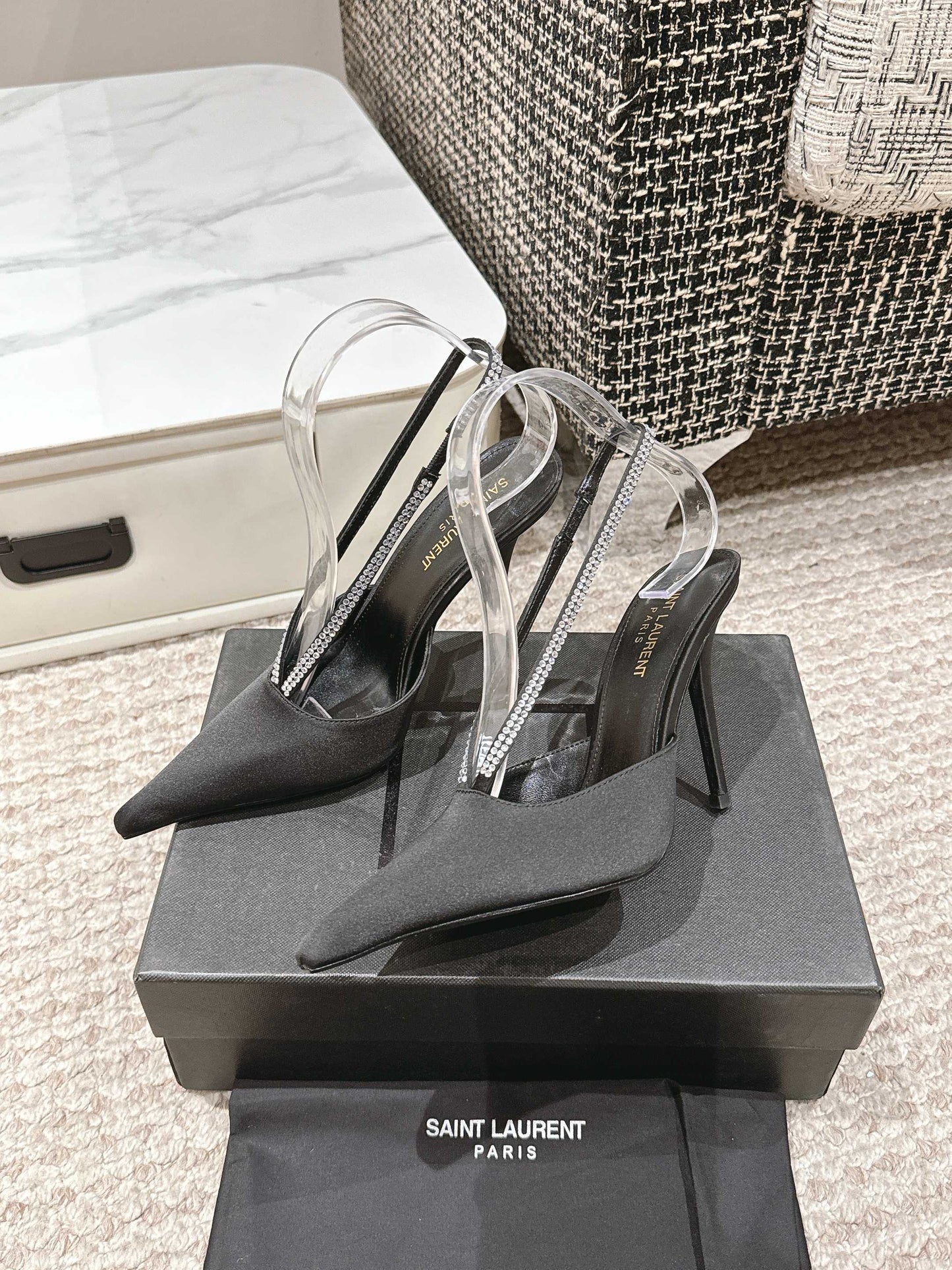 BARBARA 90 EMBELLISHED  BLACK SATIN MULES WITH RHINSTONES - 35
