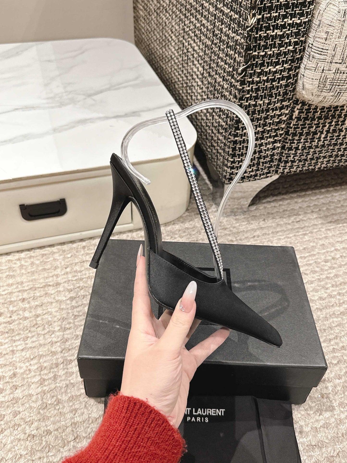 BARBARA 90 EMBELLISHED  BLACK SATIN MULES WITH RHINSTONES - 35