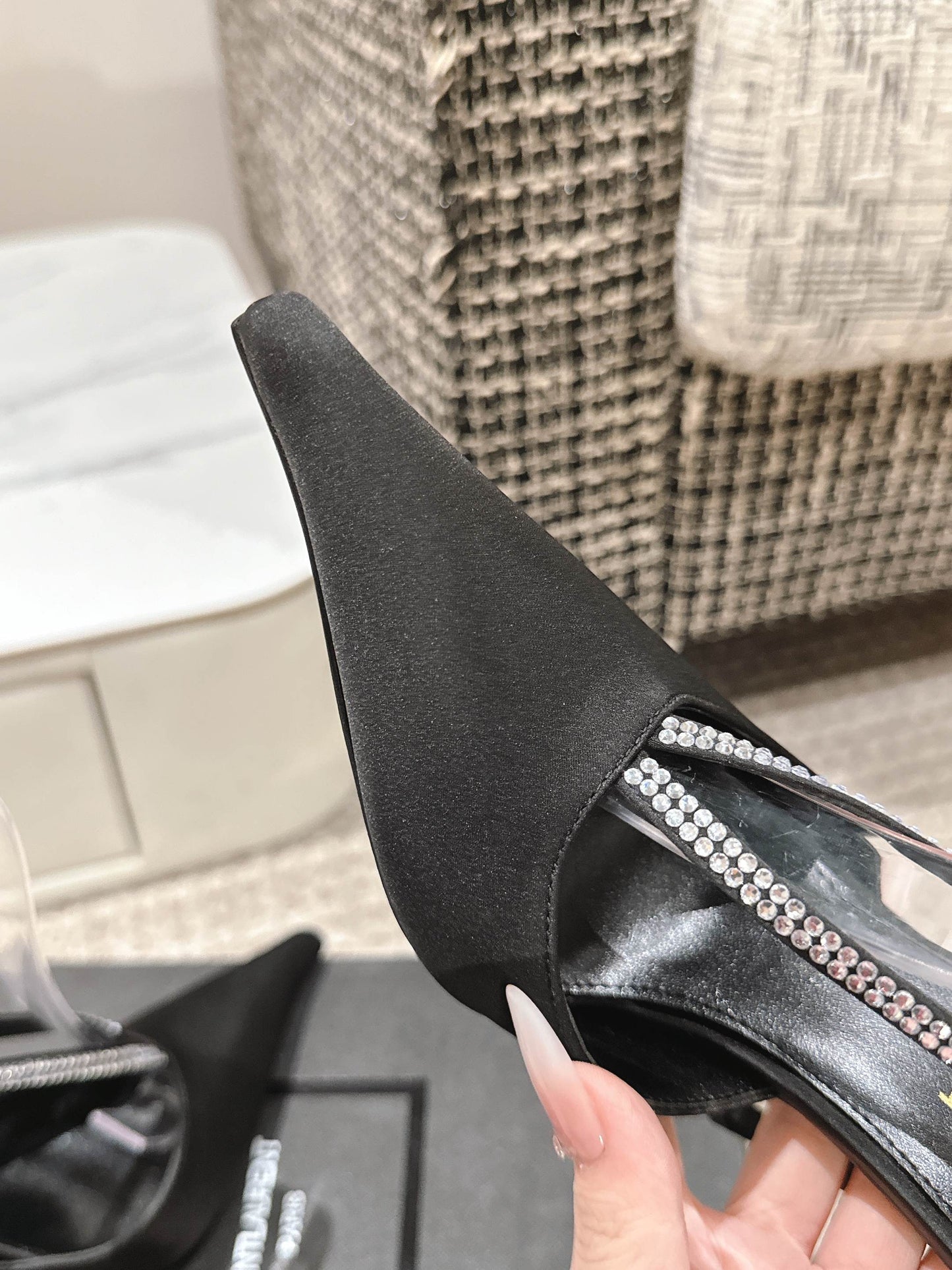 BARBARA 90 EMBELLISHED  BLACK SATIN MULES WITH RHINSTONES - 35