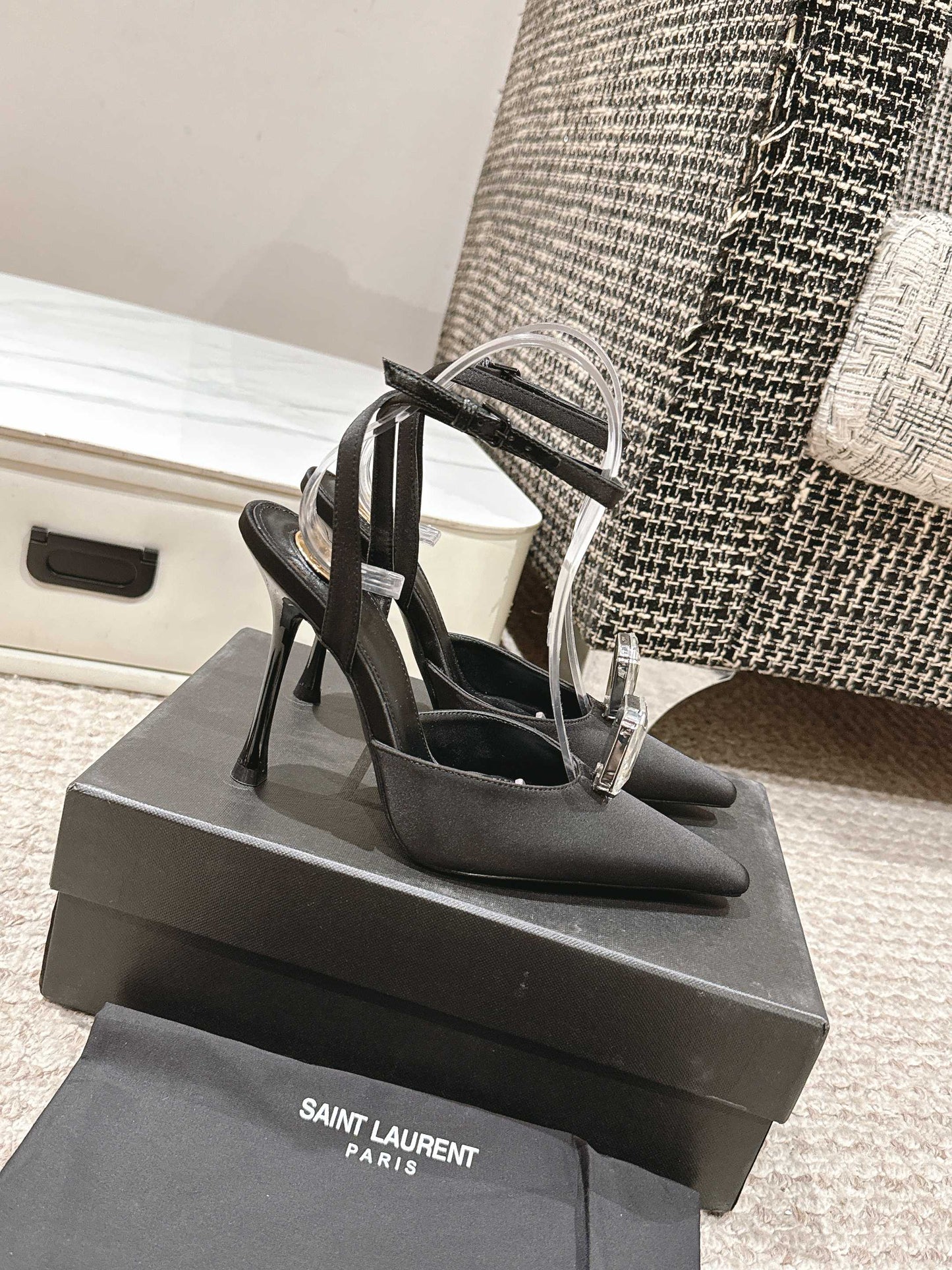 AIMÉE HIGH 75 MM SLINGBACK PUMPS IN BLACK SATIN WITH CRYSTAL - 35