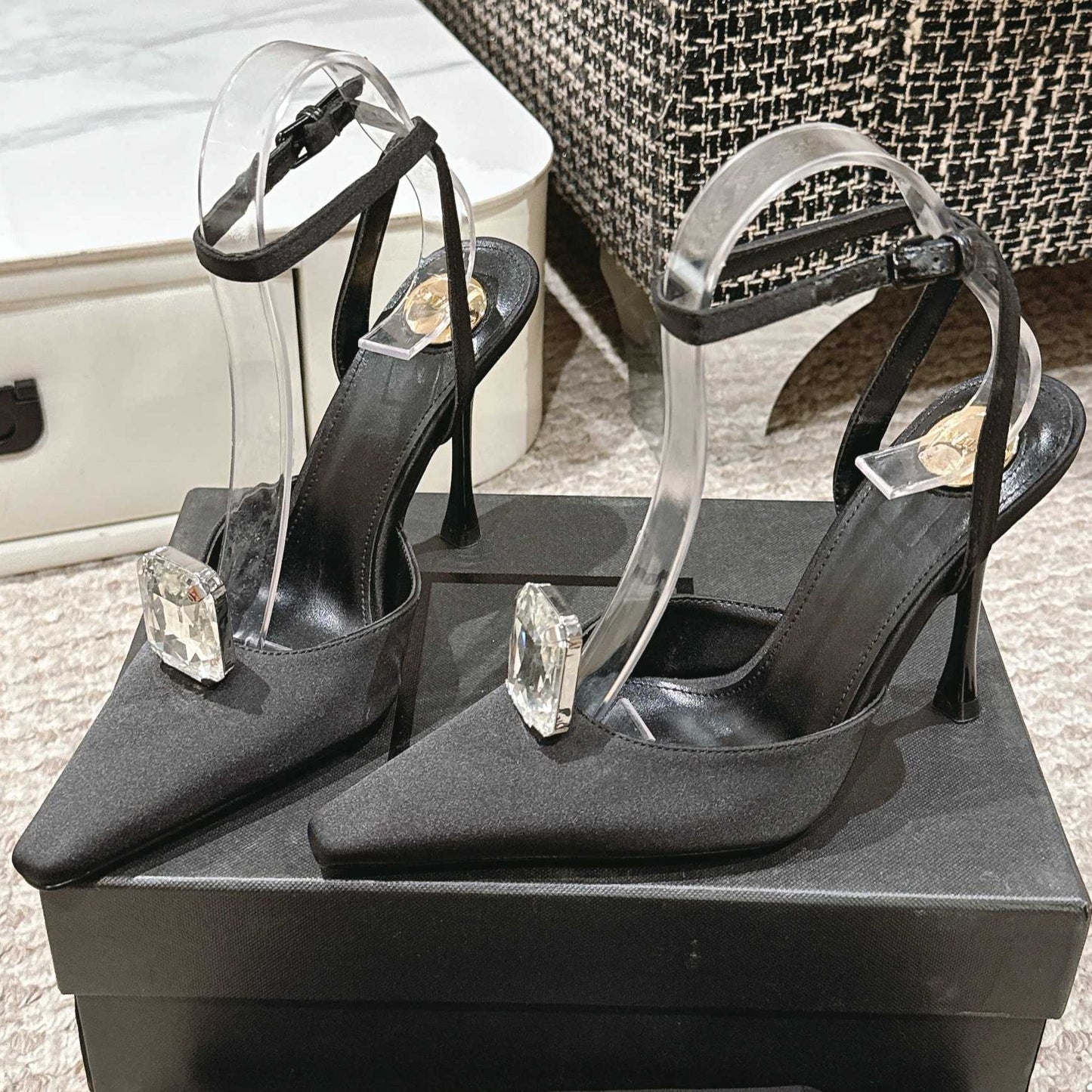 AIMÉE HIGH 75 MM SLINGBACK PUMPS IN BLACK SATIN WITH CRYSTAL - 35